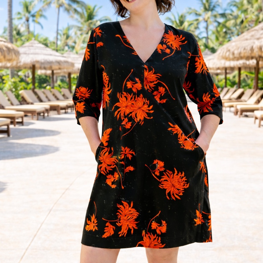 Orange Blue Tropical Botanical Floral Shift Dress Pockets 12 Caftan Resort Boho
